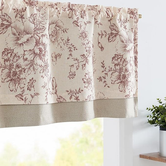 jinchan Linen Floral Valance Double Layer Kitchen Window Curtain Brick Red Flower Valance for Living Room Cafe Farmhouse Light Filtering Rustic Country Curtain 18 Inch Rod Pocket 1 Panel