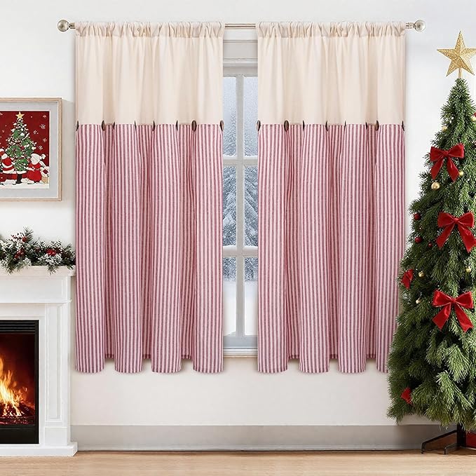 ASPMIZ Farmhouse Living Room Curtains Boho, Country Linen Curtains with Rustic Buttons, Rod Pocket & Back Tab Red Striped Curtain for Bedroom Window Curtain, Home Decor, 52 x 63 Inch, 2 Panels