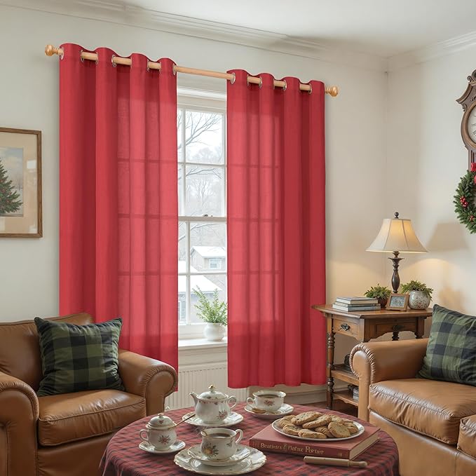 YoungsTex Red Linen Semi Sheer Curtains 72 Inch Length for Living Room, Light Filtering Window Drapes with Grommet Privacy for Dining Bedroom, 2 Panels, 52 X 72 Inch