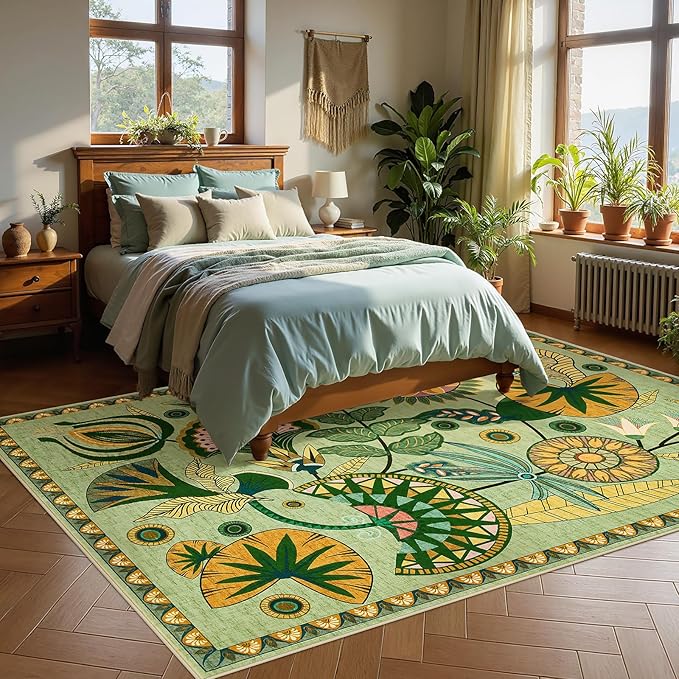 Joydeco Egypt Floral Boho Washable 5x7 Rug for Bedroom Nursery, Sage Green Vintage Living Room Playroom Area Rug Non Slip, Colorful Throw Carpet for Dining Room Kitchen Entryway Dorm