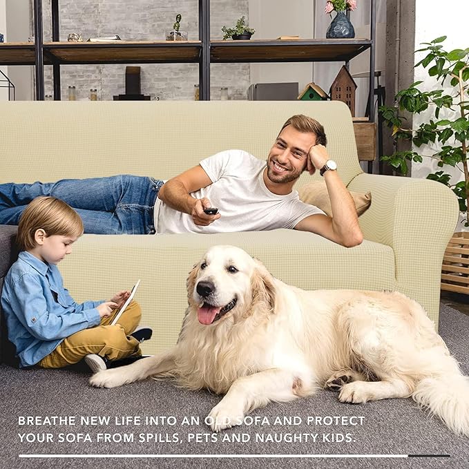 ZNSAYOTX Super Stretch Couch Cover Love Seat Sofa Covers for Living Room Dogs Pet Friendly Furniture Protector Spandex Loveseat Slipcovers with Anti Slip Foam Sticks (Beige, Medium)