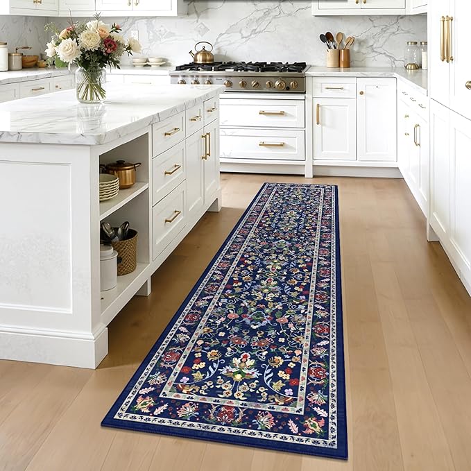 LOKHOM Washable Runner Rug, 2x8 Non-Slip Vintage Hallway Runner Rug with Rubber Backing, Boho Floral Soft Faux Wool Kitchen Rug Carpet Runner for Laundry Entryway Bedroom (Vibrant Blue)