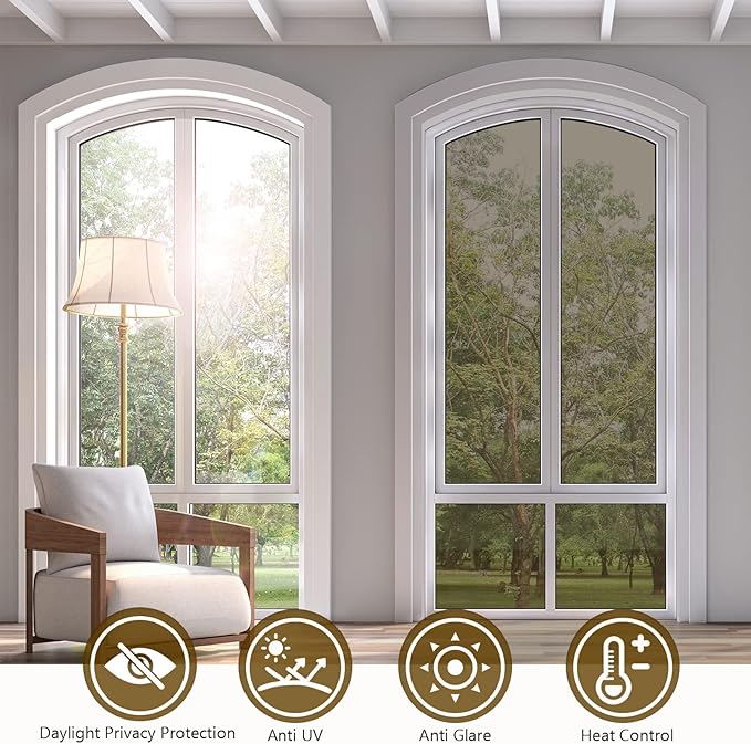 KESPEN Window Privacy Film One Way Daytime Privacy Heat Control Anti UV Non-Adhesive Reflective House Window Tint for Home and Office, Brown-Silver, 35.4 Inch X 8.2 Feet