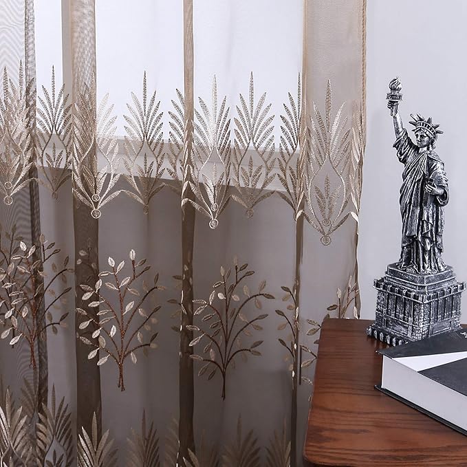 DONREN Luxury Brown Sheer Curtains for Living Room - Leaf Embroidery Sheer Curtain Panels for Bedroom (W 52 x L 84 Inch,2 Panels)