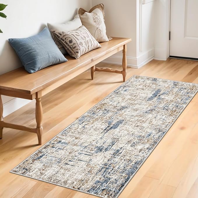2x5 Non-Slip Washable Runner Rug – Modern Neutral Abstract Small Rug for Hallway, Kitchen, Bathroom, Bedroom, Entryway, Laundry Room – Thin Soft Low-Pile Rubber Backing（Blue Brown）