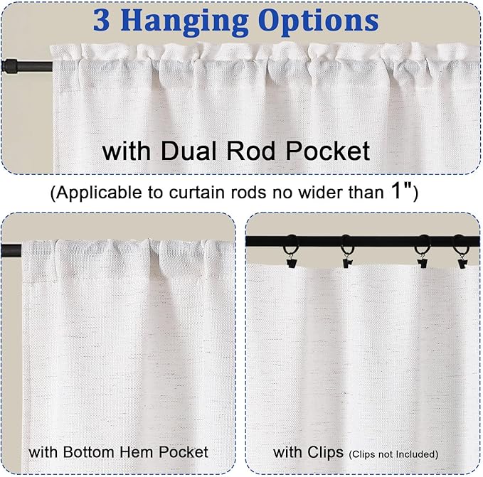 Chyhomenyc Bennet Faux Linen Slub Textured Semi Sheer Small Window Kitchen Valance Curtain, Rod Pocket Cafe Valance for Bathroom Laundry Basement, 30Wx14L inch, 2 Piece, Natural