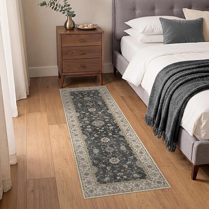 GENIMO Runner Rug for Hallways Machine Washable, 2x6 Non Slip Boho Vintage Lightweight Washable Runners, Thin Floor Rugs for Entryway Hallway Bathroom Laundry Room Corridor, Charcoal Brown