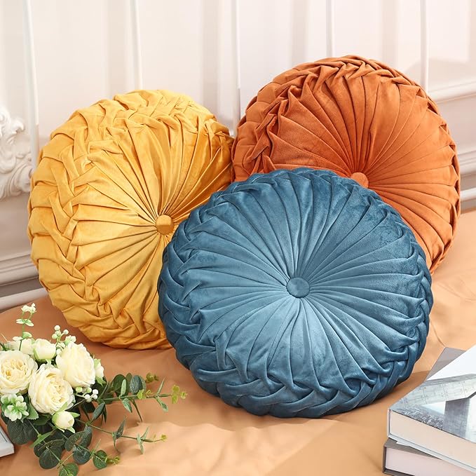 Drydiet 3 Pcs Round Throw Velvet Pillows Decorative Pleated Throw Pillows 15'' Diameter Accent Pumpkin Boho Chair Cushion for Couch Sofa Home Decoration (Yellow,Brunt Orange,Blue)