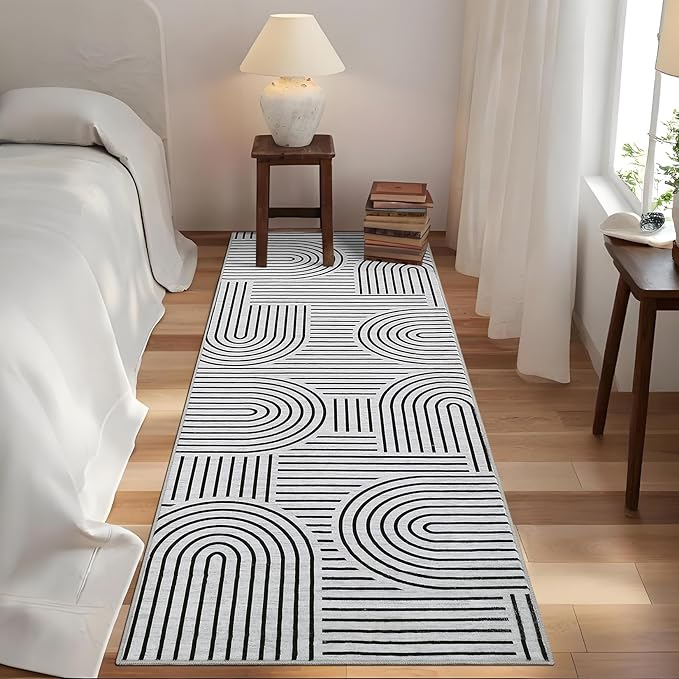 ROYHOME Modern Rug 2x6 Runners for Hallways, Abstract Kitchen Runner Rugs Non Slip Bath Runner, Rainbow Washable Runners Rug for Bedroom, Soft Long Rugs for Entryway Bathroom Laundry Dorm, Blackwhite