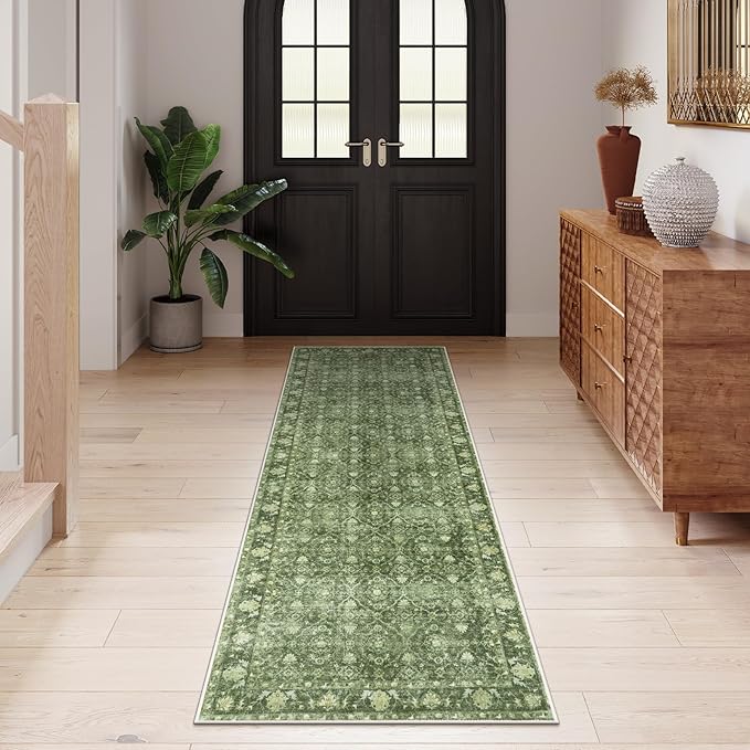 Hedlive Vintage Green Washable 2x6 Runners for Hallways, Boho Kitchen Runner Rug Non Skid, Soft Low Pile Floor Carpet for Entry Bathroom Bedside High Traffic Area (2'x6', Green)