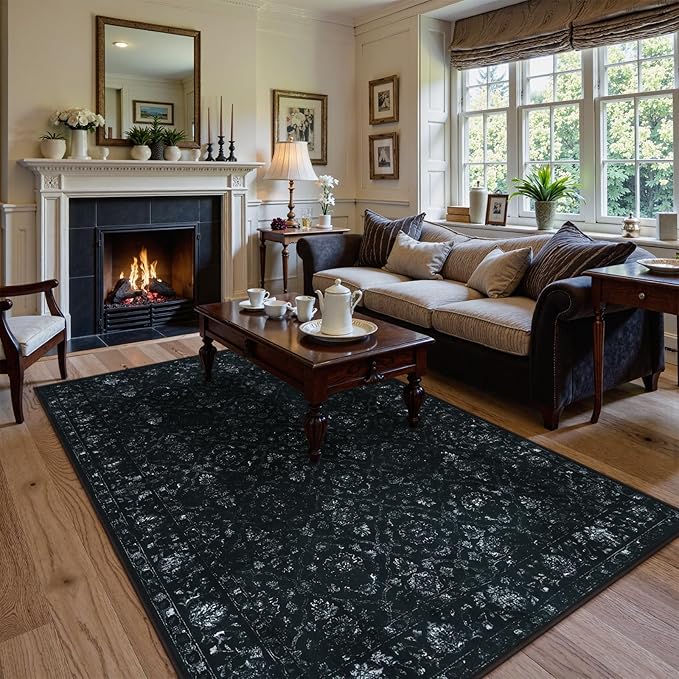 Hedlive Vintage Washable Black Rugs for Bedroom, Ultra-Thin Soft 6x9 Area Rugs for Living Room Non Slip, Stain Resistant Boho Carpet Rug for Dining Room Office (6'x9', Black)