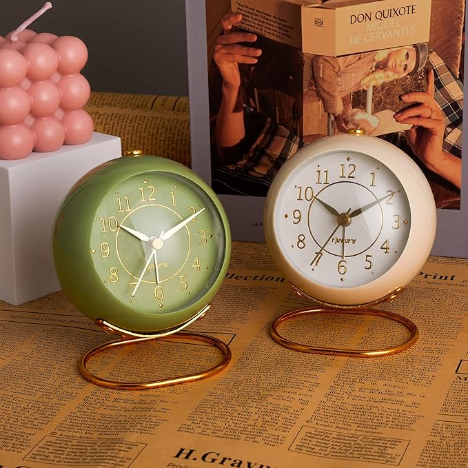 Metal Desk Clock, Retro Bedroom Table Vintage Analog Alarm Clock, Silent Non-Ticking Gold Clock, Bedside D??cor(Milk White)