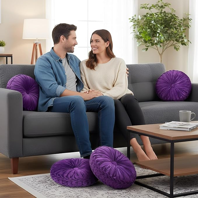 Drydiet 1 Pcs Round Throw Velvet Pillows Decorative Pleated Throw Pillows 15'' Diameter Accent Pumpkin Boho Chair Cushion for Couch Sofa Home Decoration (Purple)
