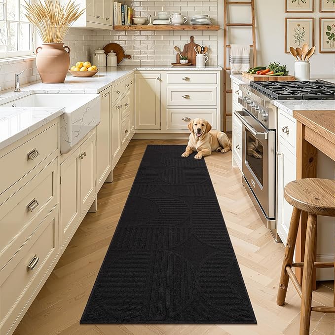 Findosom Washable Runner Rug 2x8, Geometric High-Low Textured Non Slip Hallway Runner Rug with Rubber Backing, Boho Carpet Runner for Kitchen, Bedroom, Laundry, Entryway, Bathroom, Black