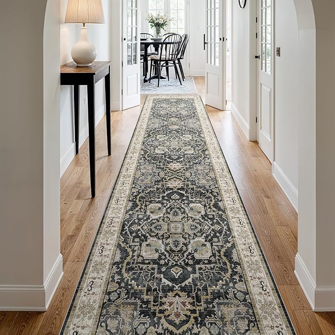 3x12 Runner Rug for Hallway, Non-Slip Long Washable Rug, Soft Thin Vintage Floor Mat for Kitchen, Bathroom, Bedroom, Entryway, Dining Room (Black, 3'x12')