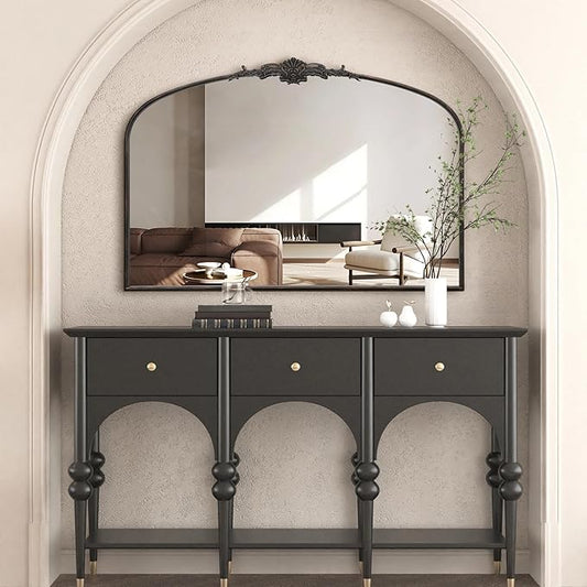 Besdomus Antique Arched Large Mirror: 48"x33" French Oversize Black Arch Vintage Vanity Wall Mounted Mirror - Baroque Decorative Traditional Ornate for Living Room/Fireplace/Bathroom/Entryway