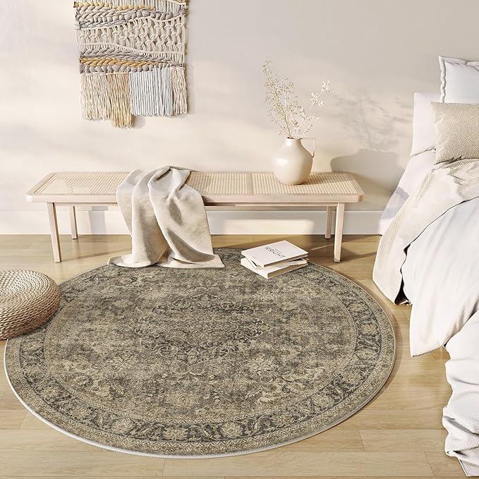 5x5 Washable Round Rug Brown Vintage Non Slip Soft Low Pile Circle Rug for Living Room Bedroom Distressed Oriental Indoor Carpet for Dining Room Office Entryway Home Decor