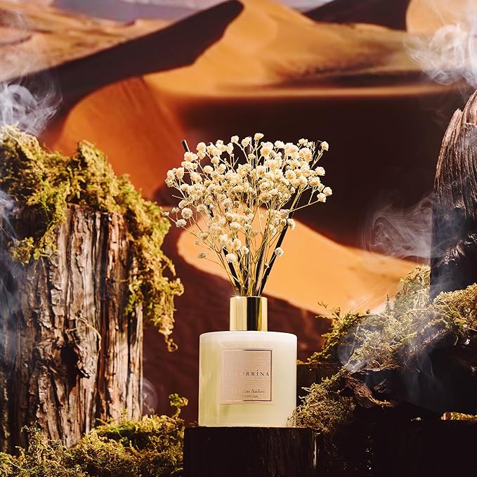 COCORR??NA Reed Diffuser - Moroccan Amber 6.7 Fl.oz Reed Diffuser Set with Sticks & Preserved Baby's Breath, Reed Diffuser for Home Bathroom Shelf Decor
