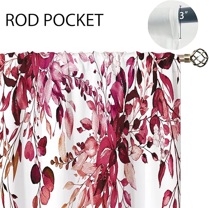 Burgundy Eucalyptus Leaves Window Curtains Rustic Watercolor Red Flower Floral Plant Botanical Farmhouse Curtain Drapes Herb Curtains for Bedroom Living Room Treatment 2 Panels 42Wx63H Inch