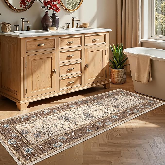 GarveeHome 2x6 Washable Runner Rug for Bedroom, Soft Botanical Floral Kitchen Runner with Non Slip Backing Brown Farmhouse Laundry Mat Stain Resistant Carpet for Hallway Bathroom Beside Rug