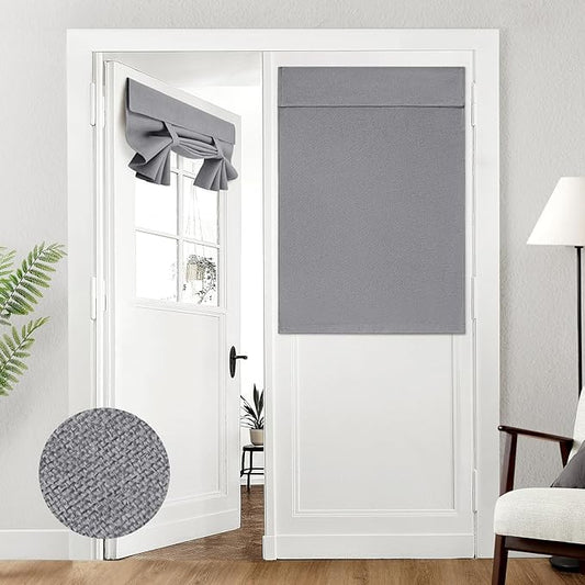 HOMEIDEAS 100% Dark Grey Linen Blackout French Door Curtains, Privacy Door Window Curtains, 34 X 40 Inch Room Darkening Blinds, Thermal Insulated Shades for Bedroom, 1 Panel