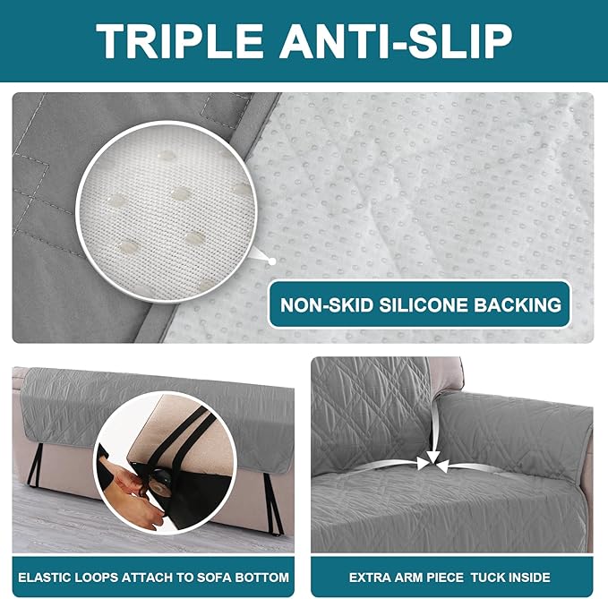 Turquoize 100% Waterproof Sofa Covers Couch Cover for 3 Cushion Couch Triple Non-Slip Sofa Slipcover Washable Furniture Protector for Pets, Kids, Dog (XL Sofa 78", Light Gray)
