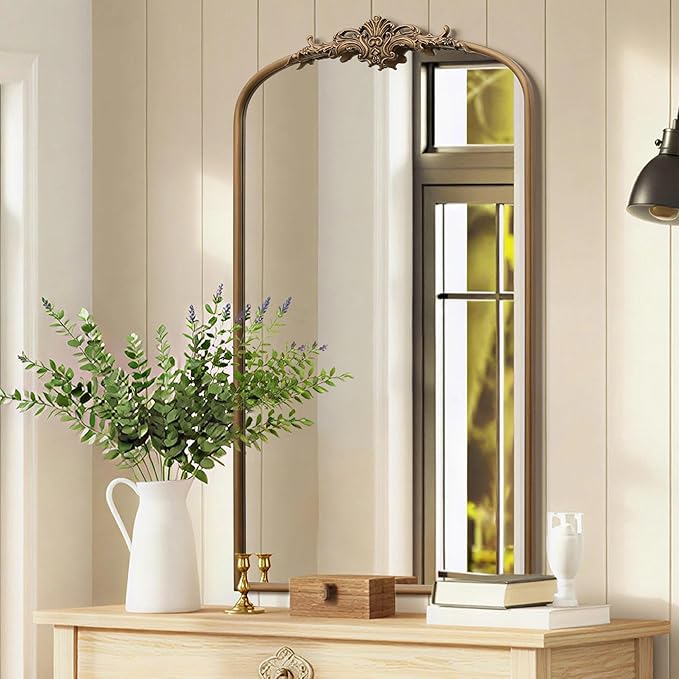 Besdomus Vintage Gold Arched Mirror: 24"x42" French Large Arch Gold Antique Vanity Wall Mounted Mirror - Traditional Ornate Metal Framed for Entryway/Fireplace/Bathroom - Idea for Homemakers