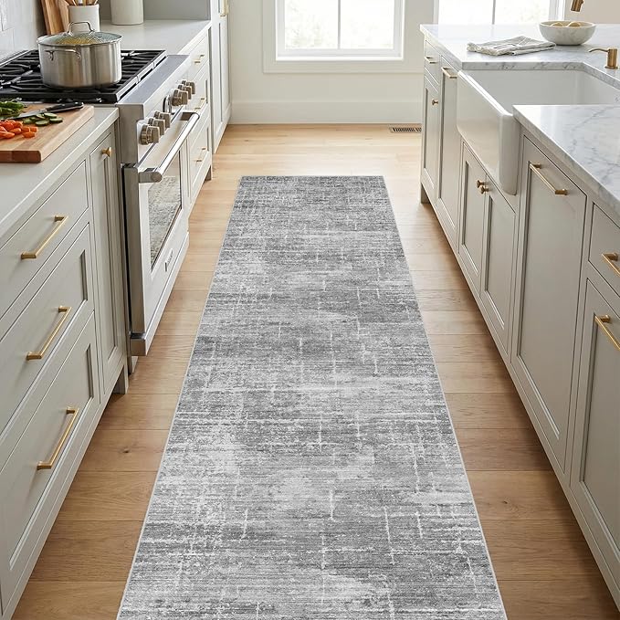 2x10 Washable Hallway Runner Rug - Modern Abstract Neutral Long Carpet with Non-Slip Backing Low-Pile Stain-Resistant Thin Runners for Kitchen Bathroom Bedroom Entryway (2x10, Gray)