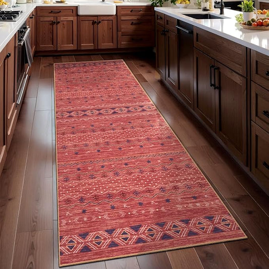 SERISSA 2x6 Kitchen Runner Rug, Washable Non-Slip Red Ochre Boho Rug, Soft Low-Pile Geometric Indoor Carpet for Hallway Laundry Room Bathroom Bedroom Entryway