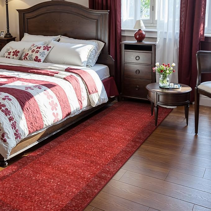 Hedlive Red Kitchen Runner Rugs Non Skid Washable, 2.6x8 Long Hallway Runner Rug 8 Ft, Ultra-Thin Vintage Red Carpet Runner for Entryway Bathroom Bedside Laundry Room Hall (2'6"x8')