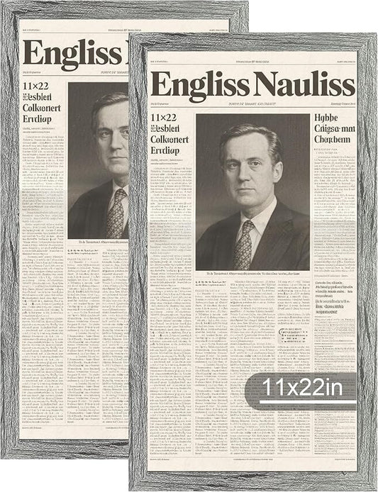 11x22 Newspaper Frame 2 Packs, Real Glass and Grey Wood Frame, Display Panoramic 11 x 22 Magazine Frames - Horizontal or Vertical Wall Mounting