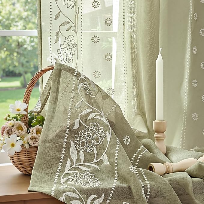 jinchan Winslow Sheer Curtains 63 Inch Length for Dorm Bedroom Bordered Floral Pattern Decorations Short Curtains Light Filtering Window Treatments, 50W x 63L, Ivory on Sage, 2 Panels