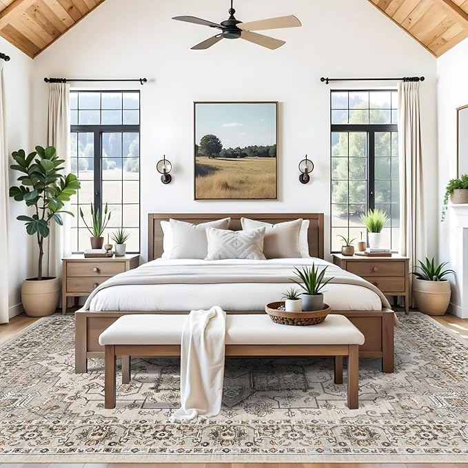 RUUGME Living Room 9x12 Rugs - Washable Large Boho Area Rugs for Stain Resistant Carpet Vintage Tribal Rugs for Bedroom Kitchen with Non Slip Backing Decor Floor Decoration Mat 9x12 Ivory