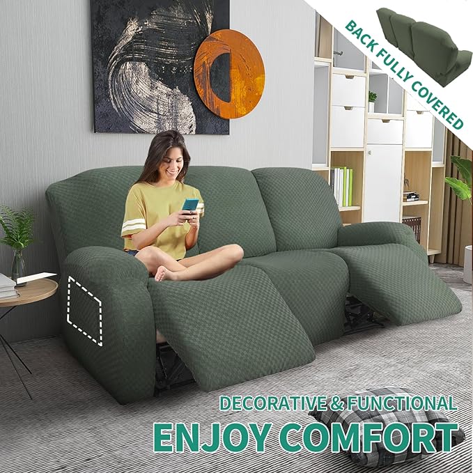 YEMYHOM 8 Pieces Stretch Recliner Sofa Cover Latest Jacquard Reclining Couch Cover with Side Pocket Anti-Slip Fitted 3 Cushion Furniture Slipcovers with Elastic Bottom (Large, Army Green)