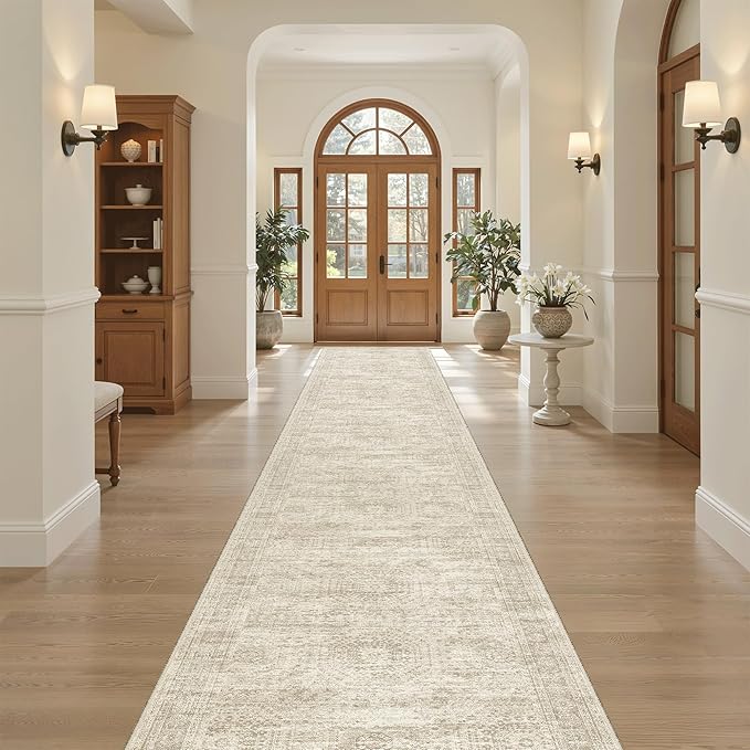Soalmost Runner Rug 2'6" x 16' Washable Non-Slip 2.5x16 ft Long Runner Rugs for Kitchen Bathroom Laundry Room Vintage Ultra Thin Runners for Hallway Entryway Beige