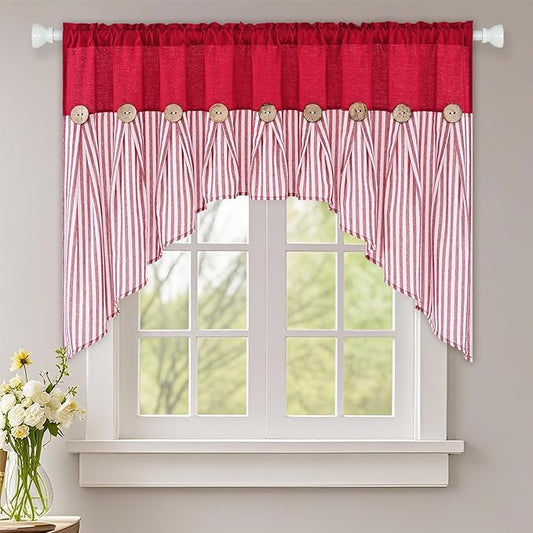 ASPMIZ Farmhouse Cotton Linen Swag Valances for Windows, Boho Kitchen Curtains Valances with Rustic Buttons, Red Striped Window Treatments Curtain Valance for Bathroom Cafe, 61 x 36 Inch, 1 Panel