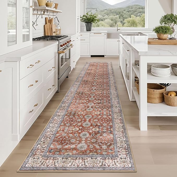 KUTA Vintage Long Runners for Hallways, 2.6x12 Red Clay Washable Non-Slip Kitchen Rugs Ultra Thin Soft Printed Distressed Oriental Floral Floor Carpet for Laundry Bedroom Living Room Nursery