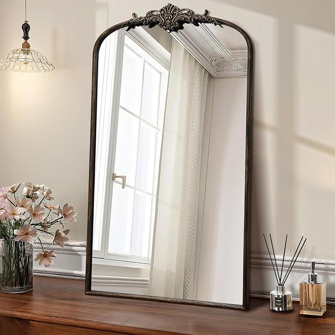 Besdomus Vintage Black Arched Mirror: 24"x42" French Large Arch Black Antique Vanity Wall Mounted Mirror - Traditional Ornate Metal Framed for Living Room/Entryway/Bathroom - Idea for Young Couples