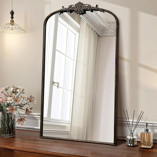 Besdomus Vintage Black Arched Mirror: 24"x42" French Large Arch Black Antique Vanity Wall Mounted Mirror - Traditional Ornate Metal Framed for Living Room/Entryway/Bathroom - Idea for Young Couples