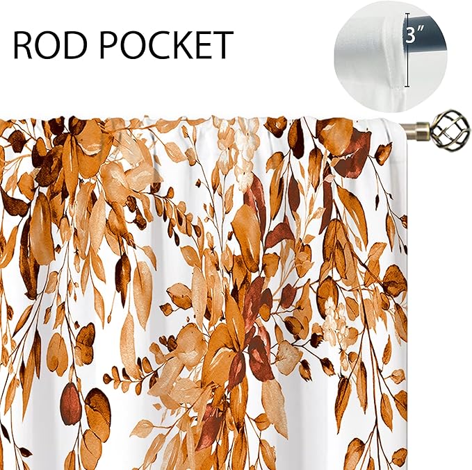 Orange Eucalyptus Botanical Leaves Floral Kitchen Window Curtains Over Sink Farmhouse Flower Fall Small Window Treatment Cafe Short Curtains for Bathroom Treatment Tier Drapes 27.5x39 inch