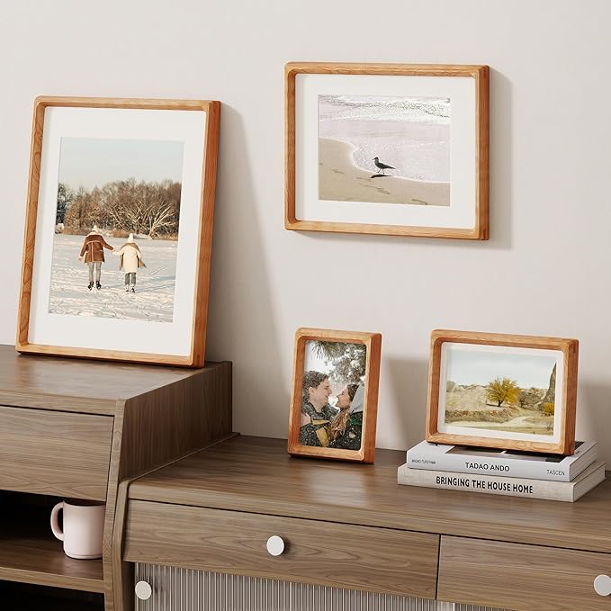 8.5 by 11 Picture Frame, USA-Sourced Cherry Wood Photo Frame with HD Tempered Glass, Handcrafted Rounded Corner 8.5 x 11 Wooden Picture Frames Matted to 6x8 Photos, Tabletop or Wall Display, 2 Pack