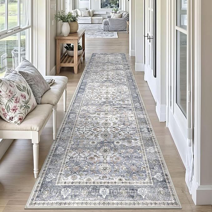 KUTA Vintage Washable Runner Rug, 2.6x10 Grey Blue Runners for Hallways Non-Slip Kitchen Rugs Ultra Thin Soft Printed Distressed Oriental Floral Floor Carpet for Laundry Bedroom Living Room Nursery