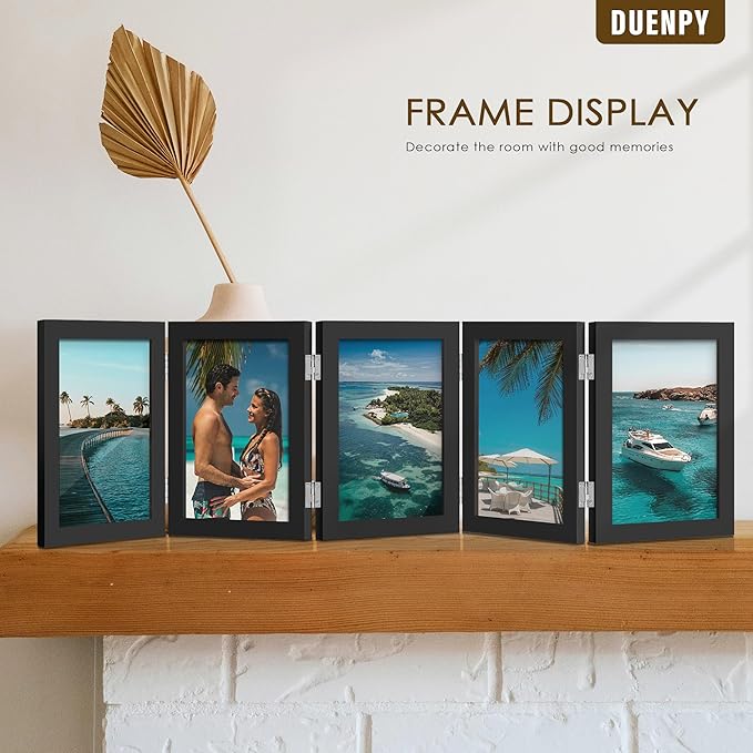 5 Folding 4x6 Picture Frame Horizontal Engineered Wood Accordion Photo Frame with Plexiglass Tabletop Bookshelf Display Black