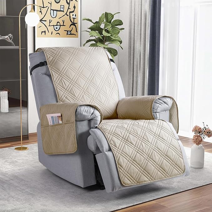 TAOCOCO 100% Waterproof Recliner Chair Covers, Non Slip Recliner Covers for Recliner Chair with Pocket, Washable Reclining Chair Cover Furniture Protector for Kids,Dogs(22'', Cream)