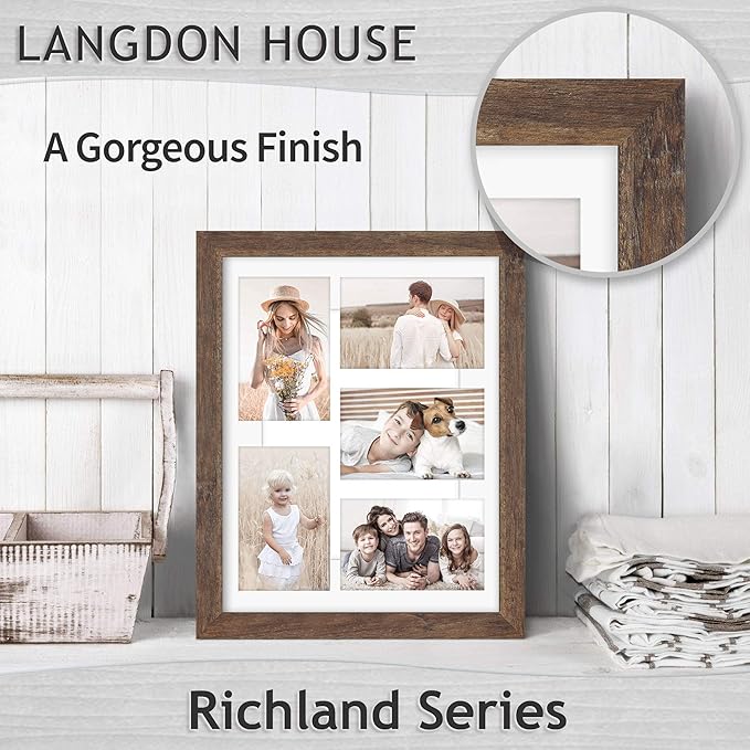 Langdon House 11x14 Collage Picture Frames w/Mat for 5-4x6 Photos (Rustic Brown, 6 Pack) Traditional Wood-Like Photo Frames for any Décor Style, Richland Collection