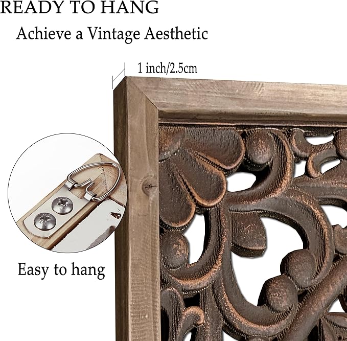 XIAOAIKA Boho Carved Wood Wall Sculpture, Intricate Floral Mandala Design with Distressed Brown Finish, Vintage Farmhouse Wall Art Panel with Solid Wood Frame for Bedroom Entryway (22.5" x 22.5")