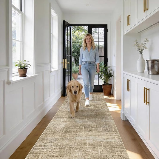 2x12 Washable Hallway Runner Rug - Modern Abstract Neutral Long Carpet with Non-Slip Backing Low-Pile Stain-Resistant Thin Runners for Kitchen Bathroom Bedroom Entryway (2x12，Tan/Brown)