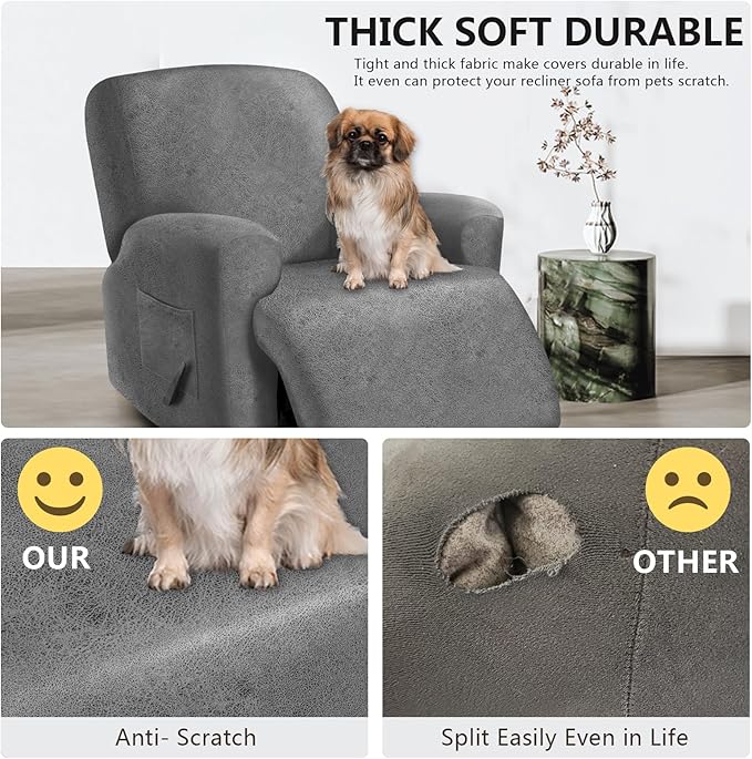 ANARACHON Leather Look Oversize Recliner Chair Covers, Thick 4 Pieces Recliner Covers for Recliner Chair, Leather Cover for Recliner Slipcovers for Pets Kids(X-Large, Light Grey)