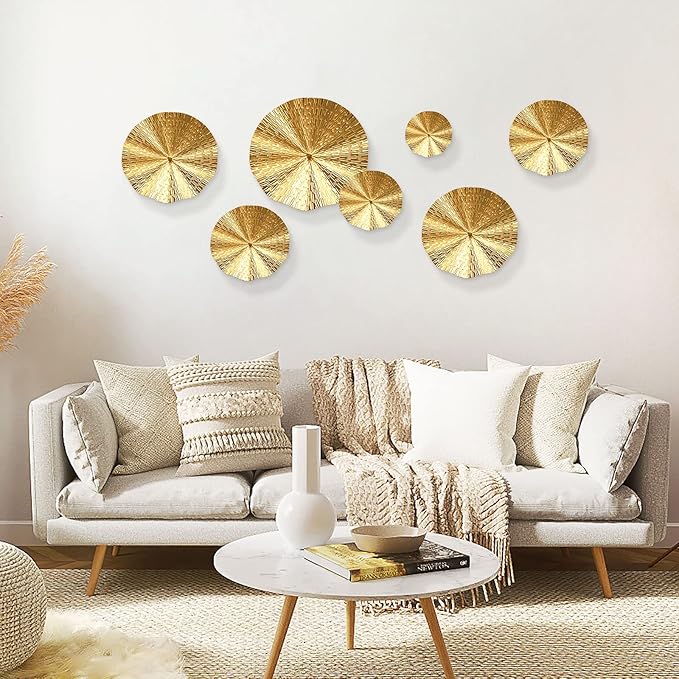Gold Wall Decor for Living Room Hallway, 7PCS Metal Wall Art Hanging Sculptures Bedroom Decoration, 3D Metal Leaf Accent with 5 Sizes, Large Modern Artwork for Home Office Bathroom Kitchen