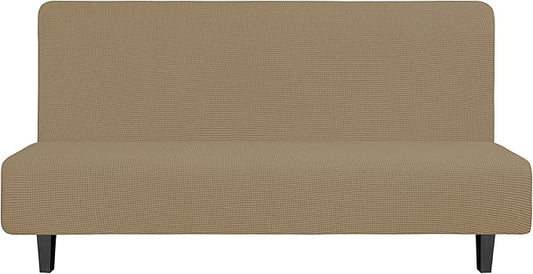 Easy-Going Stretch Futon Slipcover Armless Futon Bed Cover Furniture Protector Without Armrests with Elastic Bottom for Kids, Soft Jacquard Fabric Small Checks (Large, Tan)